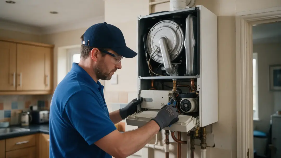 Heating engineer maintaining a boiler